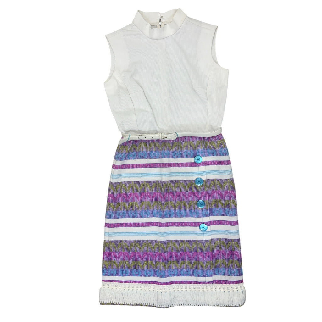 Vintage 70s Forget Me Not White Knit Geometric Fringe Midi Dress Women Small