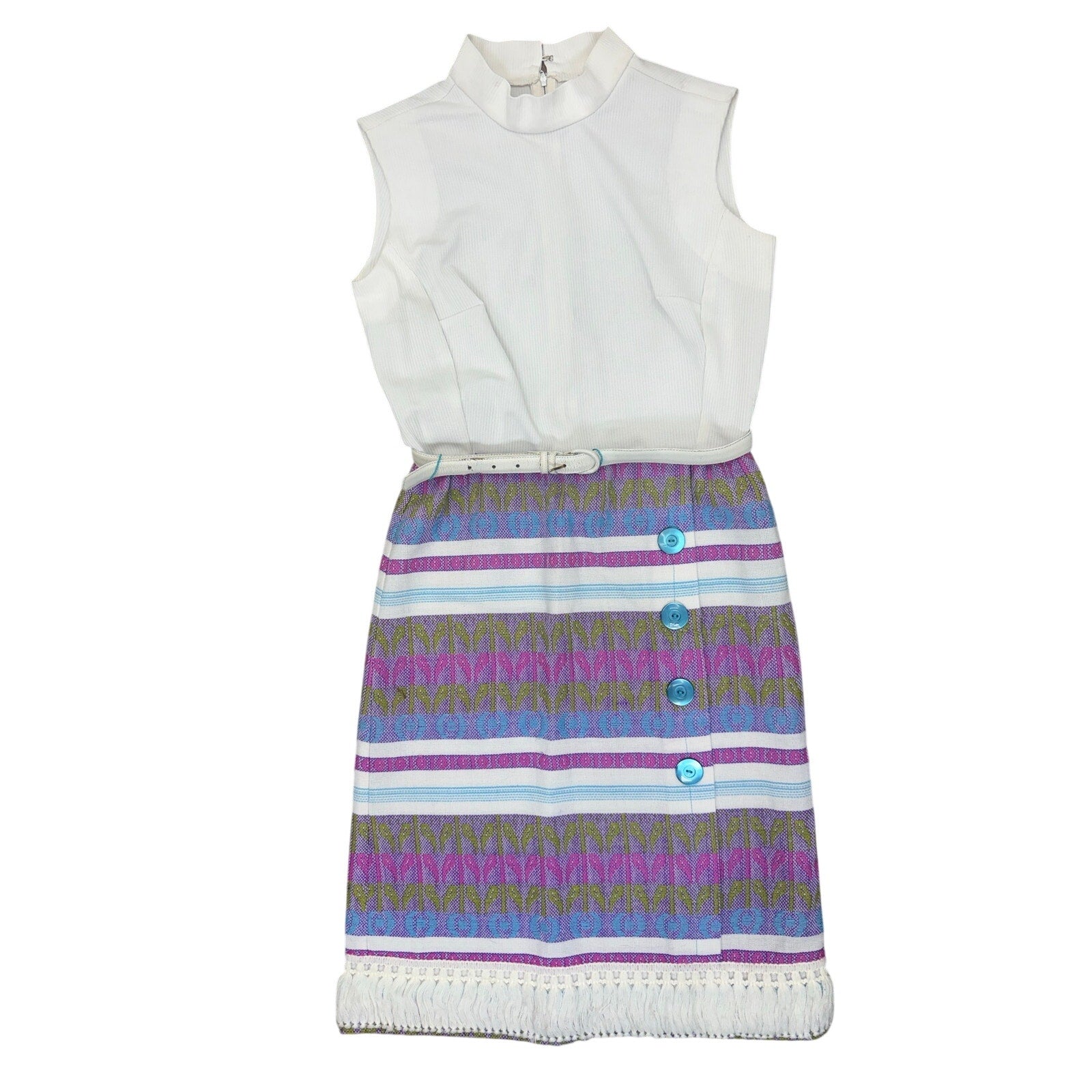 Vintage 70s Forget Me Not White Knit Geometric Fringe Midi Dress Women Small