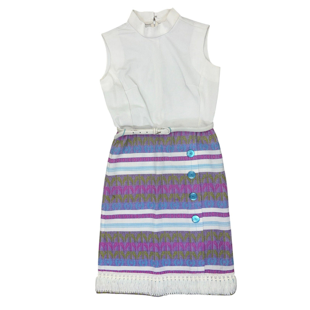 Vintage 70s Forget Me Not White Knit Geometric Fringe Midi Dress Women Small