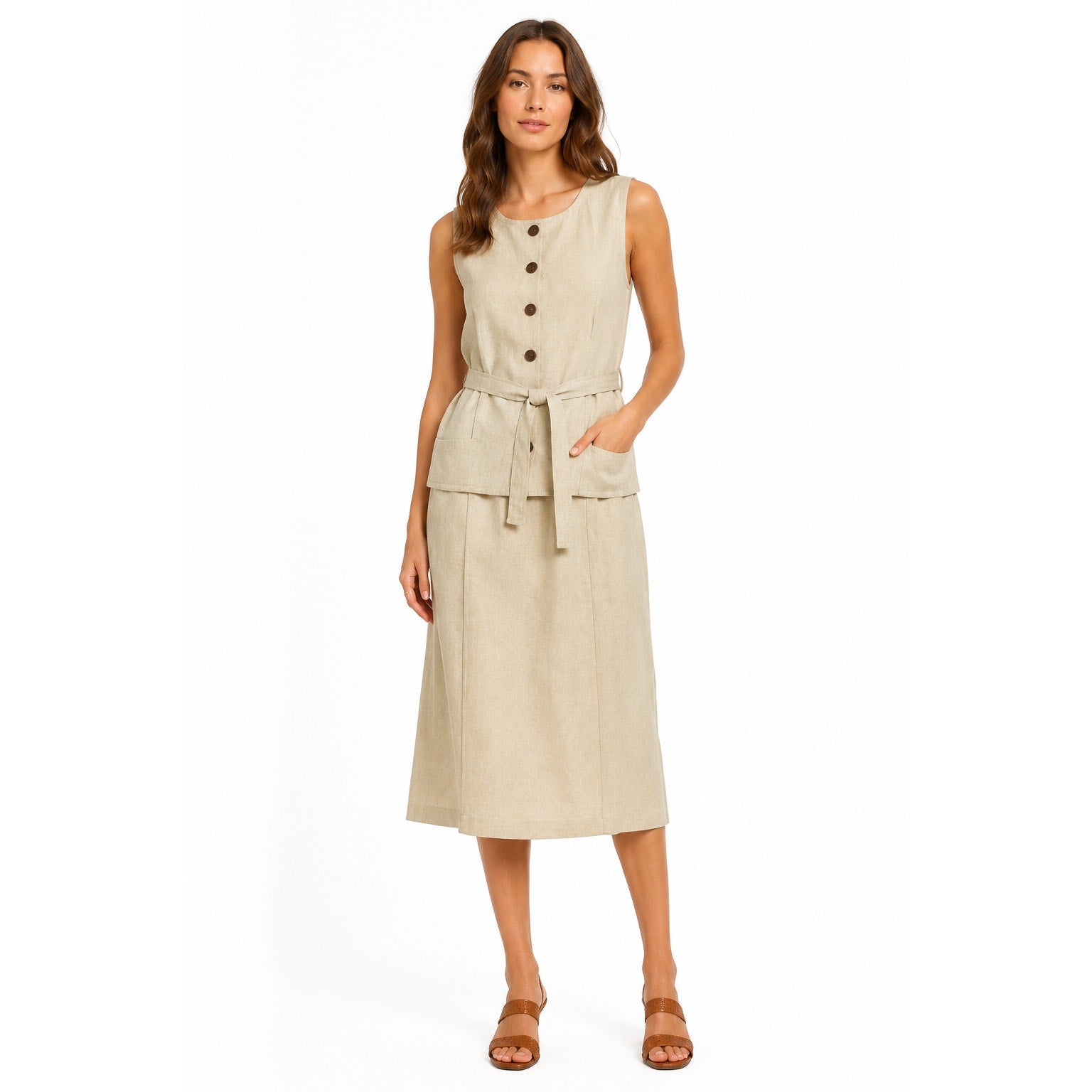 Vintage 70s Women's Small Linen Blend Vest & Wrap Skirt Set Oatmeal