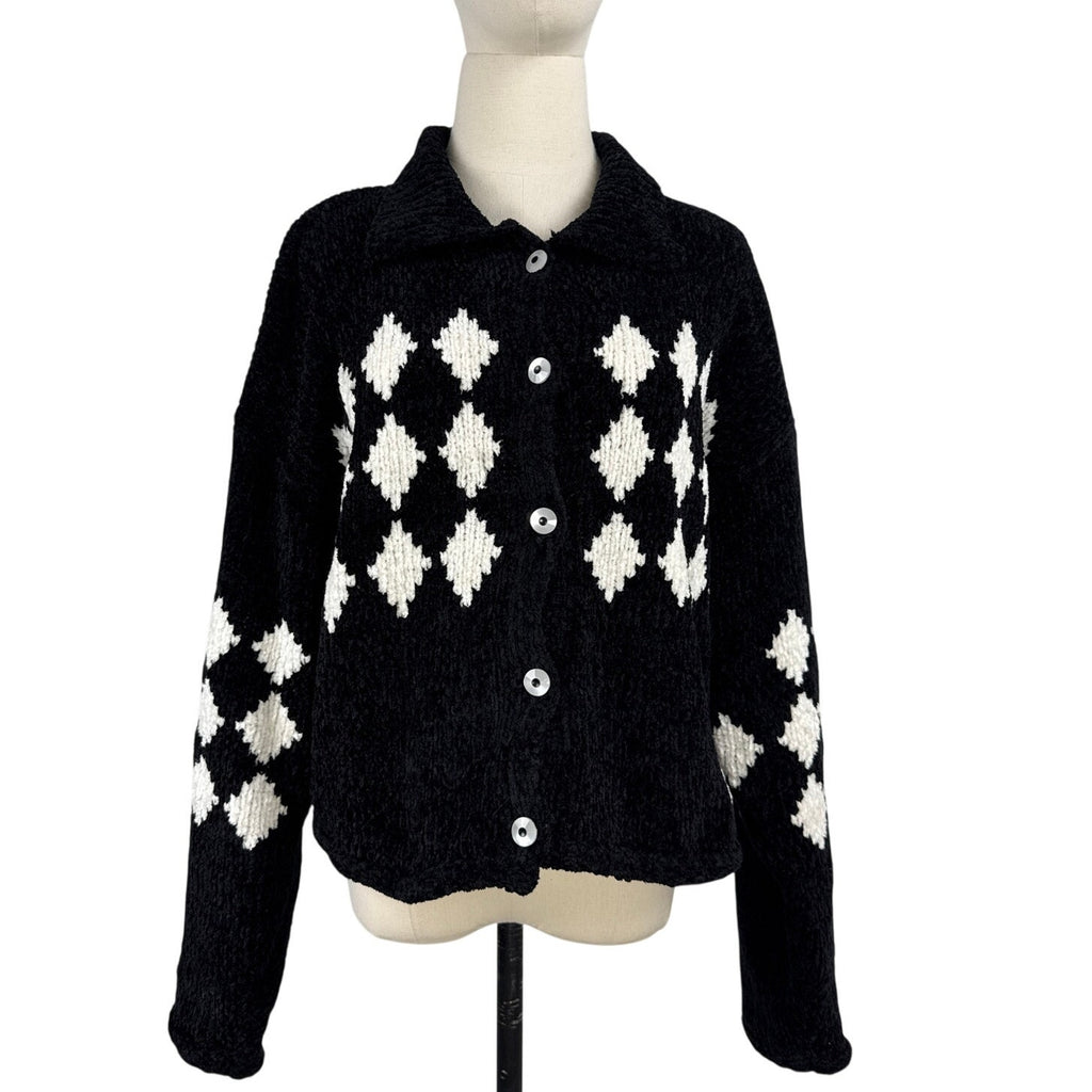 Vintage 80s Susina Argyle Cardigan Sweater Womens Med Black White Chunky Knit