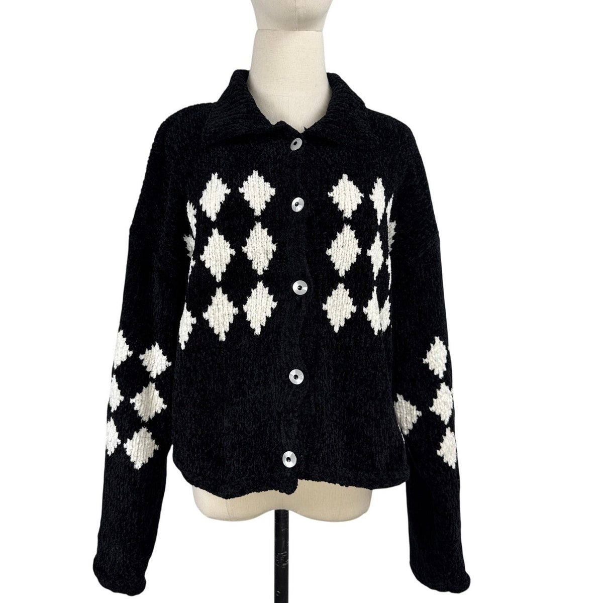 Vintage 80s Susina Argyle Cardigan Sweater Womens Med Black White Chunky Knit