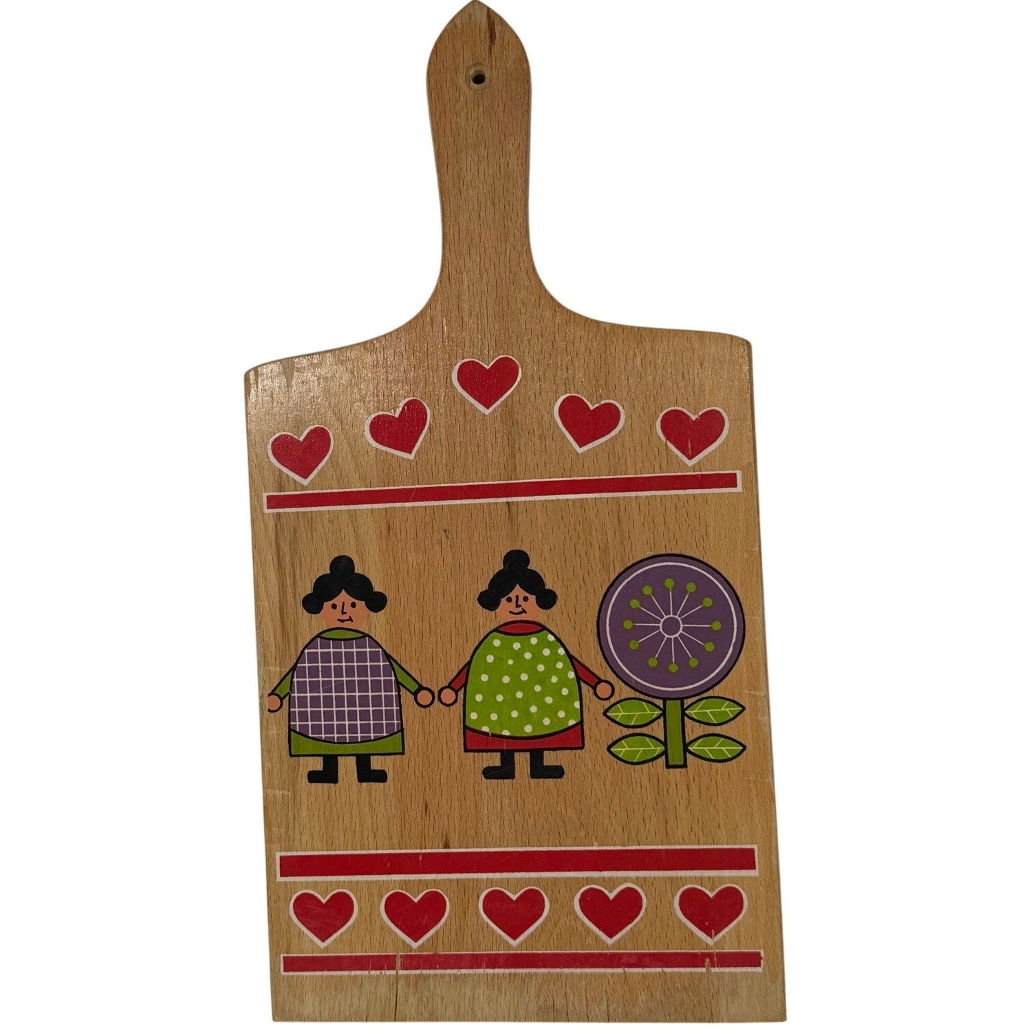 Vintage 60s Wooden Cutting Board Folk Art Dutch Girl Design 14"x7" Kitchen Decor