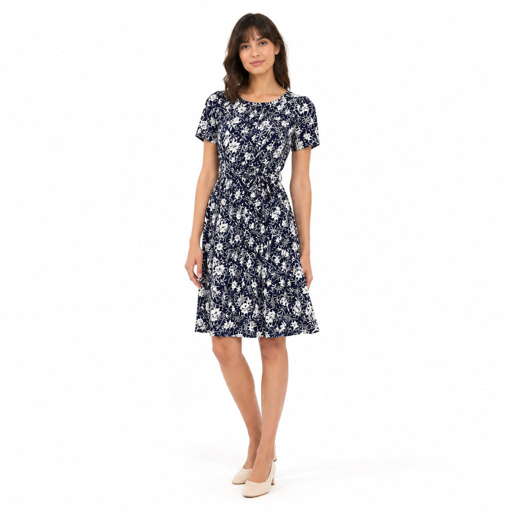 Vintage 70s Casualmaker Navy White Floral Knit Belted Dress Modern M/L