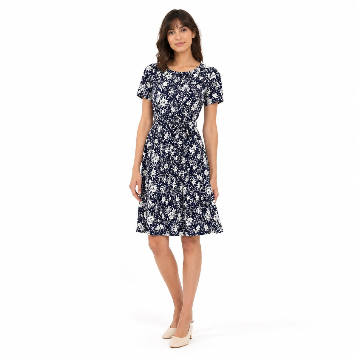 Vintage 70s Casualmaker Navy White Floral Knit Belted Dress Modern M/L