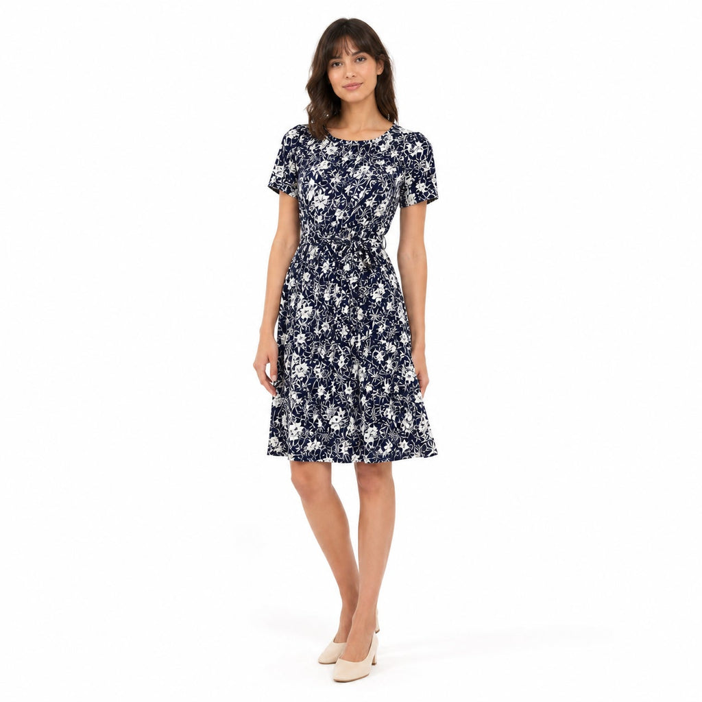 Vintage 70s Casualmaker Navy White Floral Knit Belted Dress Modern M/L