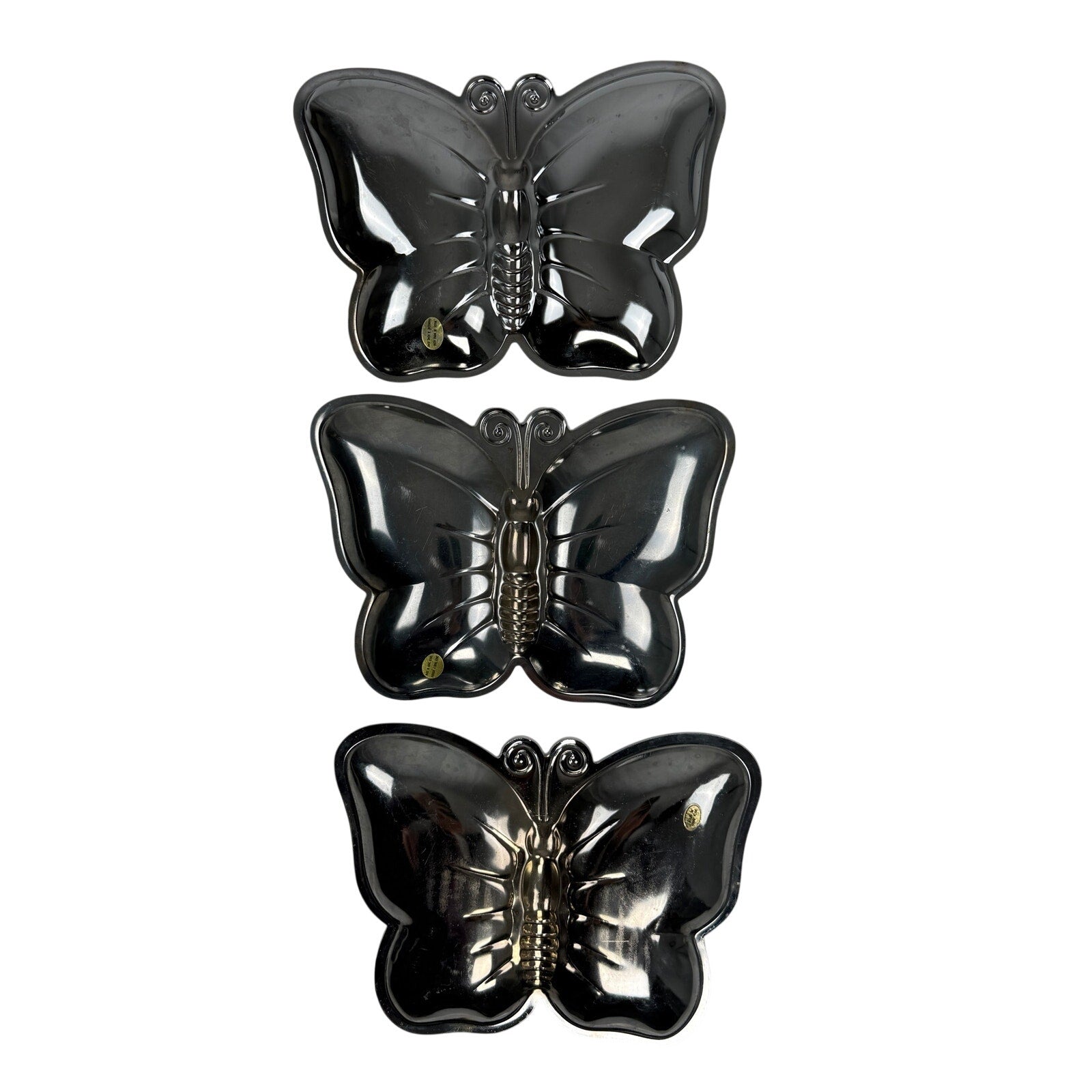 Vintage 70s Butterfly Silver Tone Metal Trinket Catchall Trays Hong Kong Set 3
