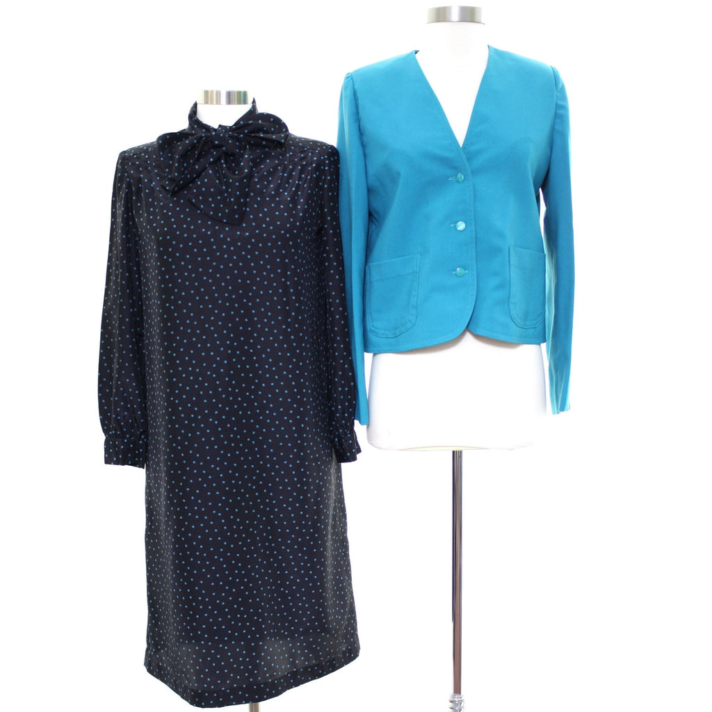 Vintage 80s Black Turquoise Dress Jacket Set Belted Home Sewn Women's Medium