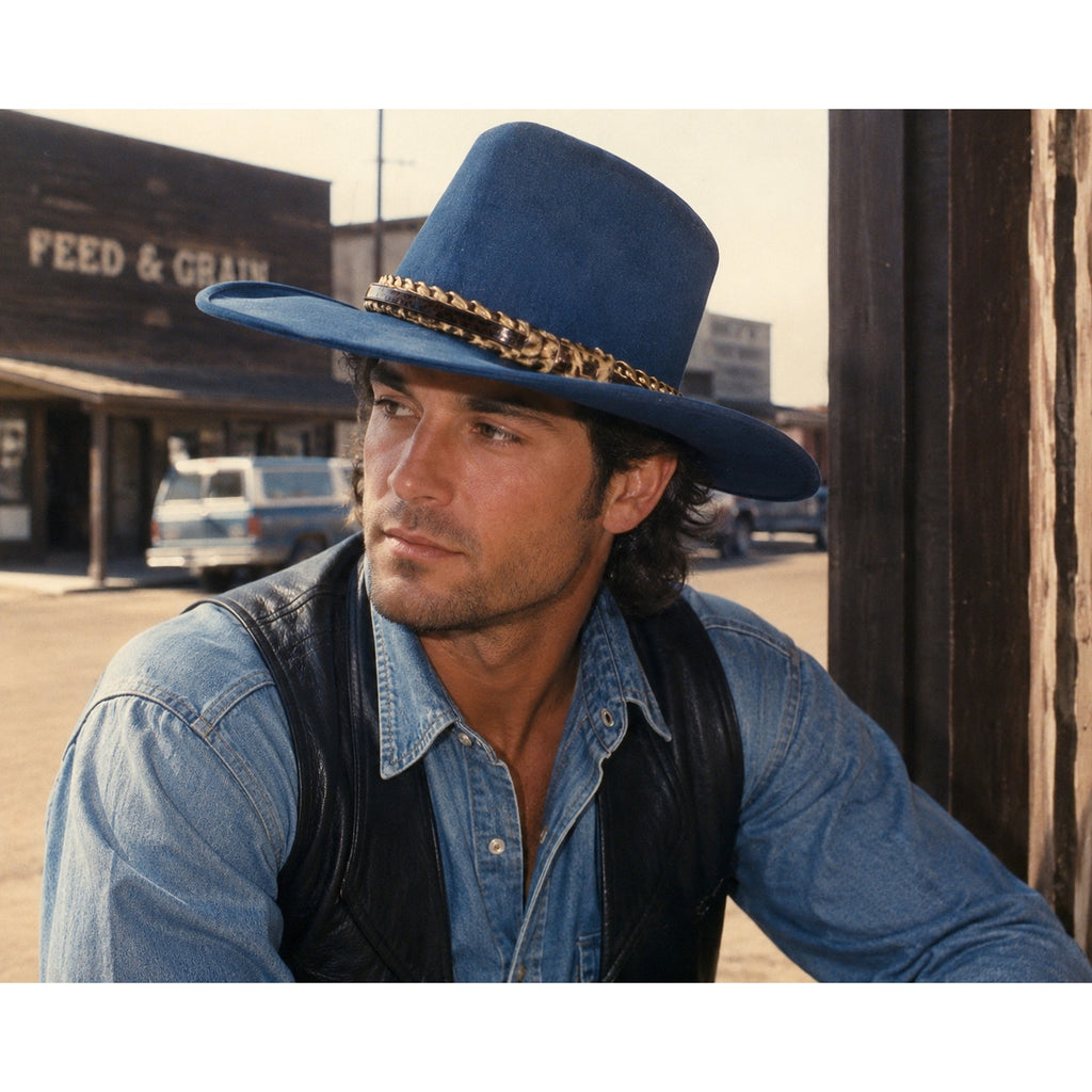 Vintage 1990s Lansing Workman Blue Cotton Western Cowboy Hat Leopard Band Unisex
