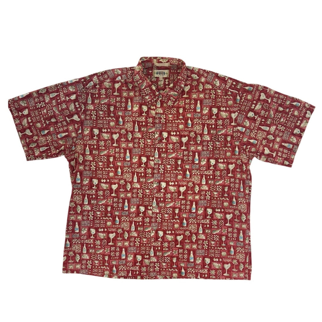 Vintage 80s Campia Cocktail Print Hawaiian Shirt XXL Red Cotton USA