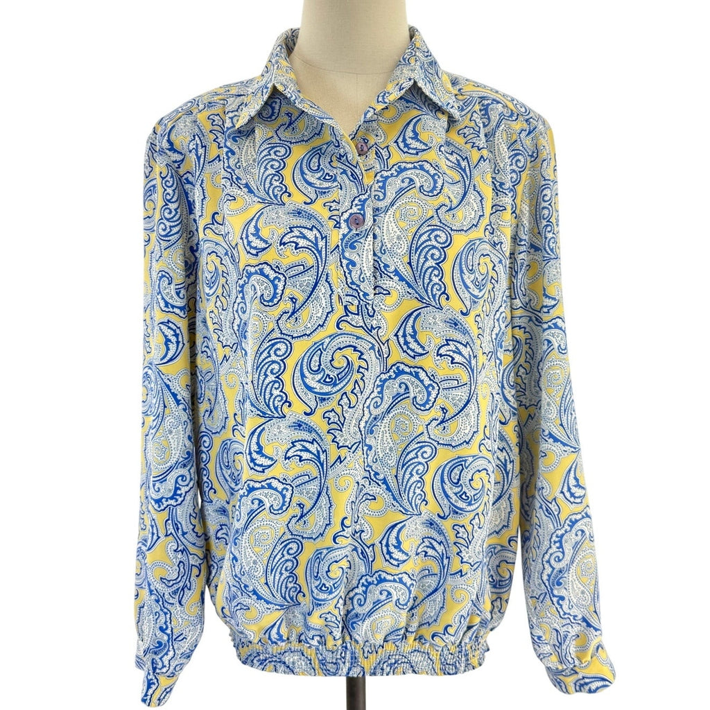 Vintage 80s Paisley Blouse USA Medium Blue Yellow Elastic Hem Draper's & Damon's