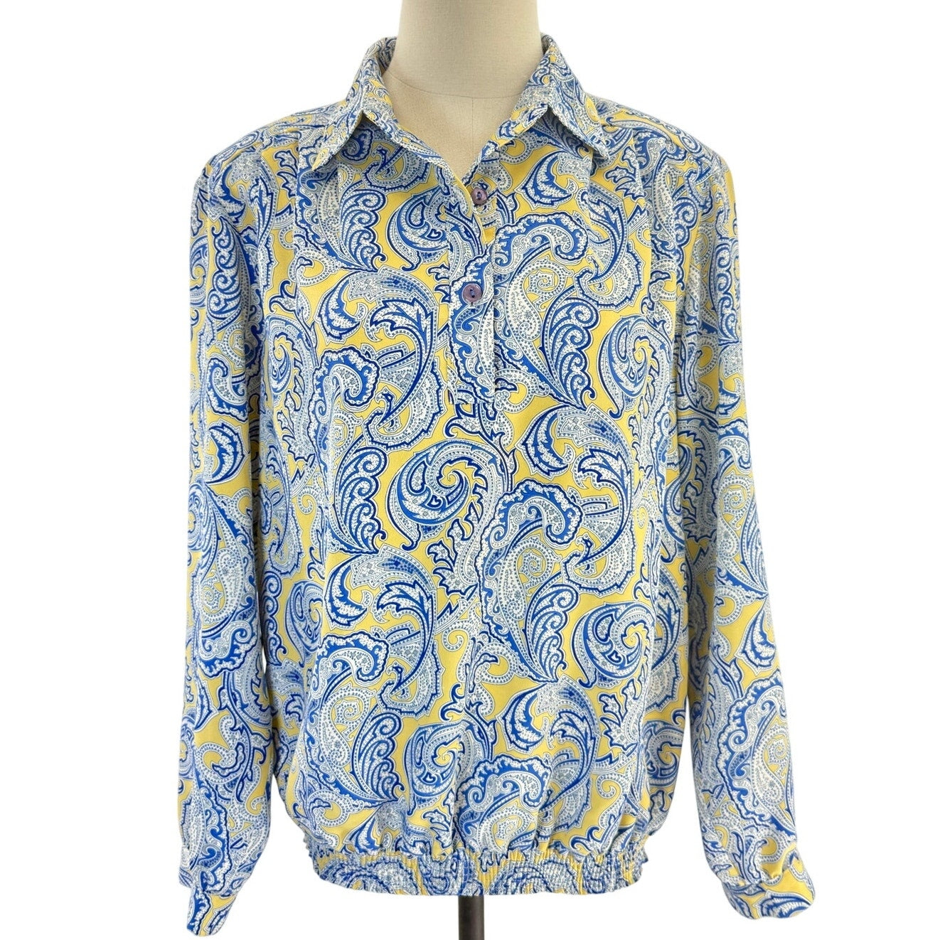 Vintage 80s Paisley Blouse USA Medium Blue Yellow Elastic Hem Draper's & Damon's