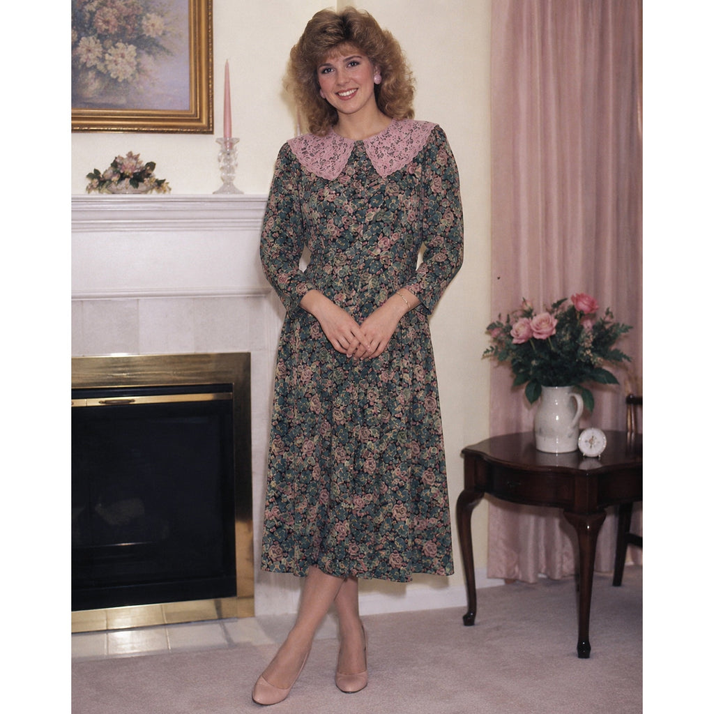 Vintage 80s Mindy Malone Floral Rayon Midi Dress Lace Collar Women's 4