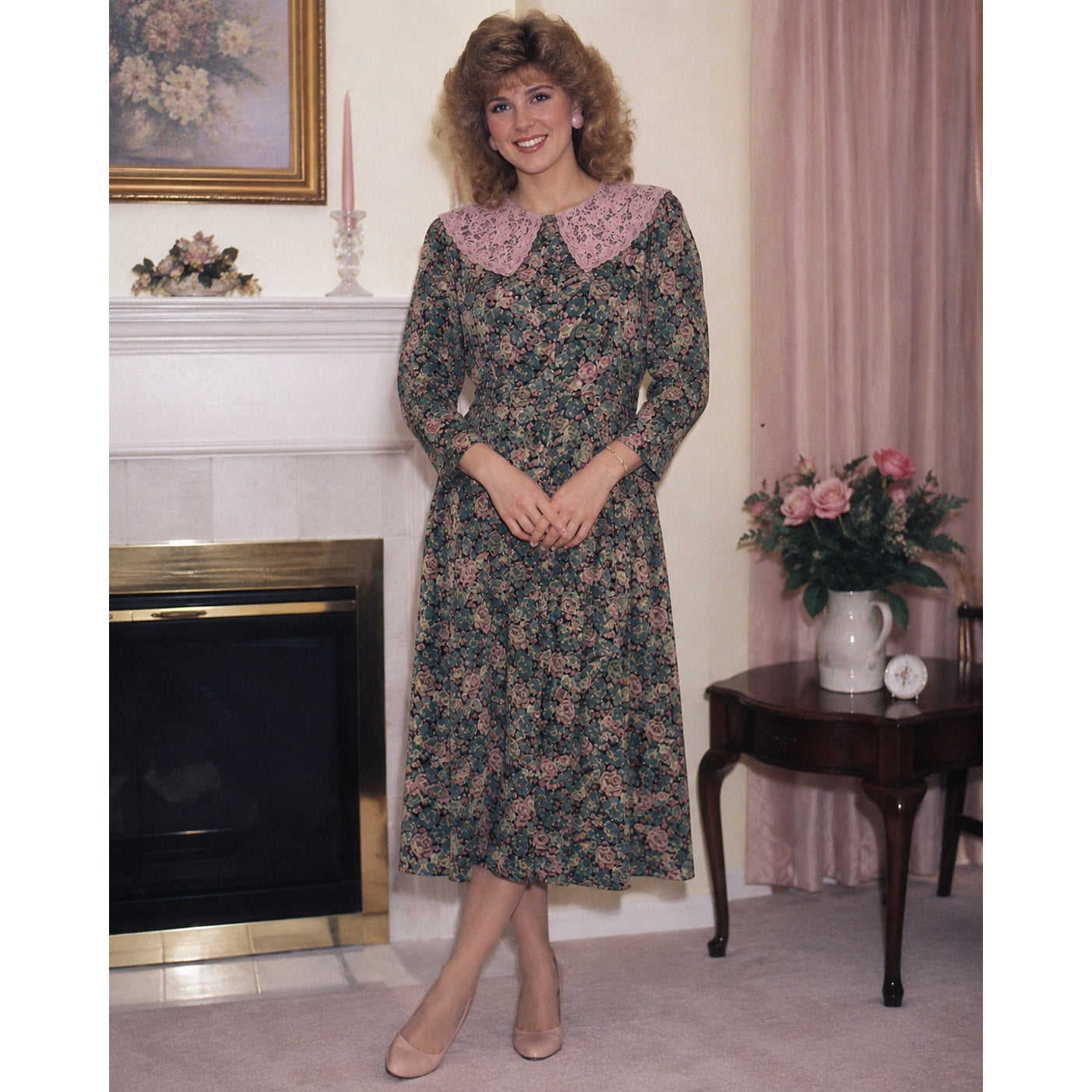 Vintage 80s Mindy Malone Floral Rayon Midi Dress Lace Collar Women's 4