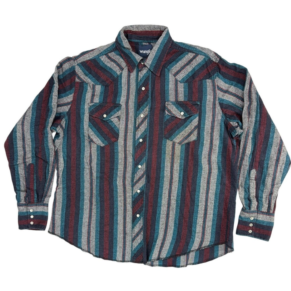 Vintage 80s Wrangler Western Flannel Shirt XL Pearl Snap Striped Cowboy