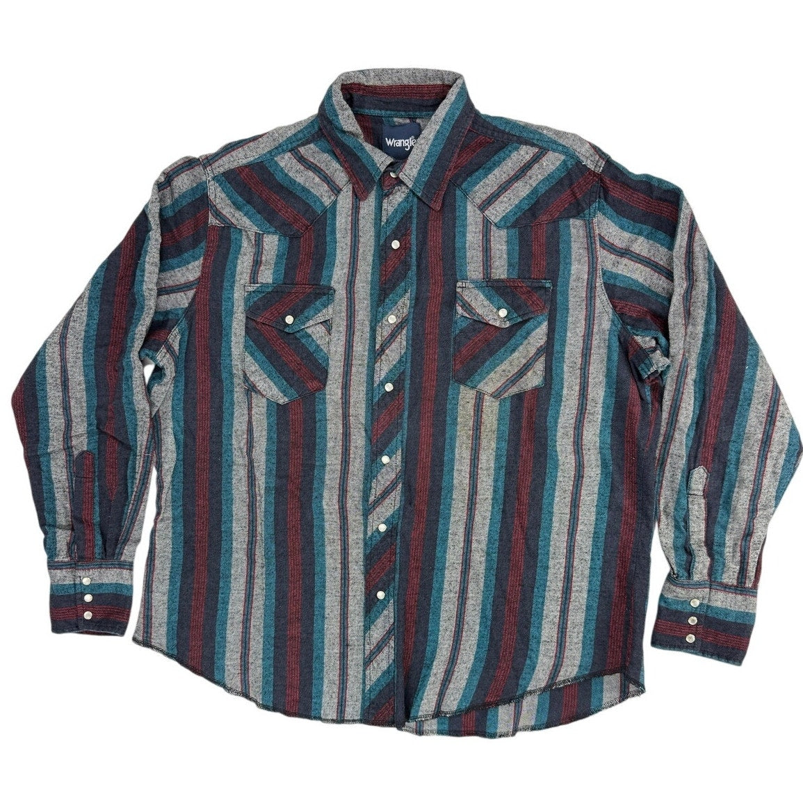 Vintage 80s Wrangler Western Flannel Shirt XL Pearl Snap Striped Cowboy