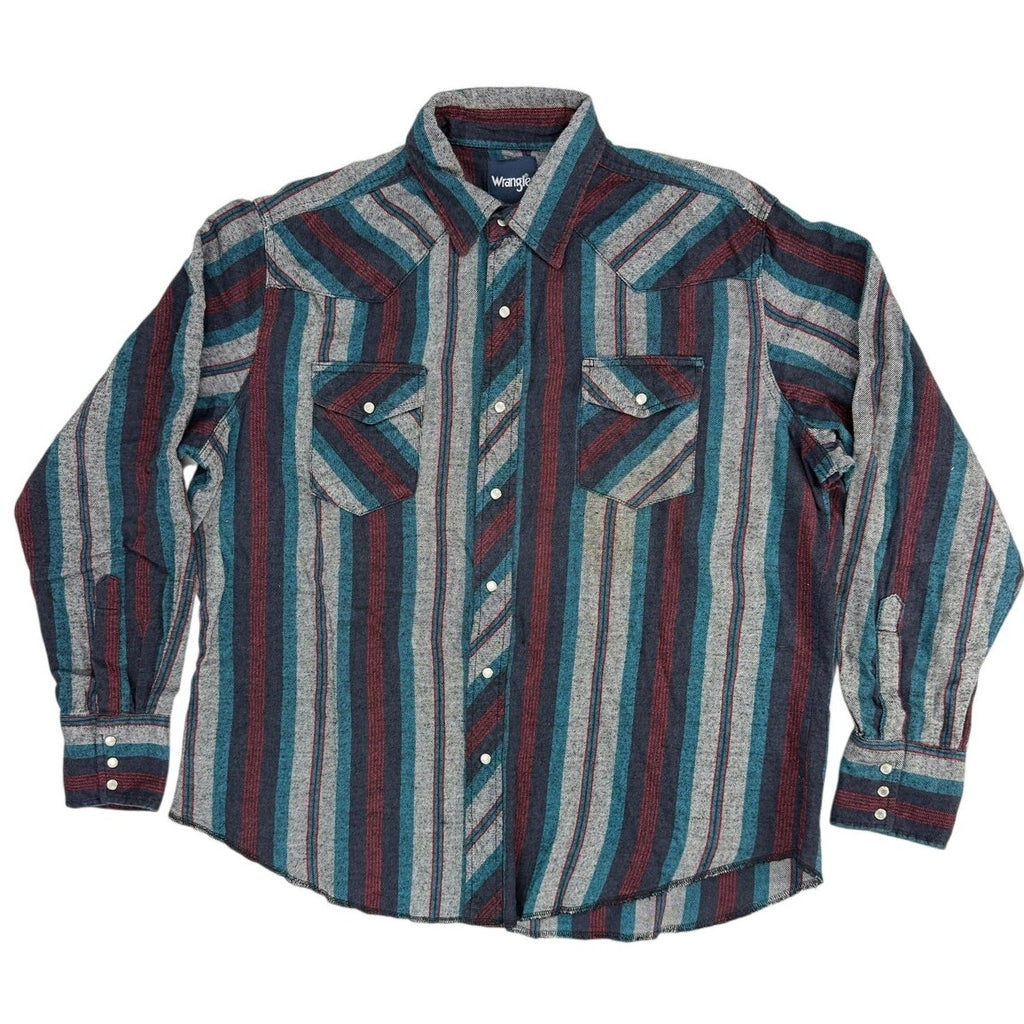 Vintage 80s Wrangler Western Flannel Shirt XL Pearl Snap Striped Cowboy