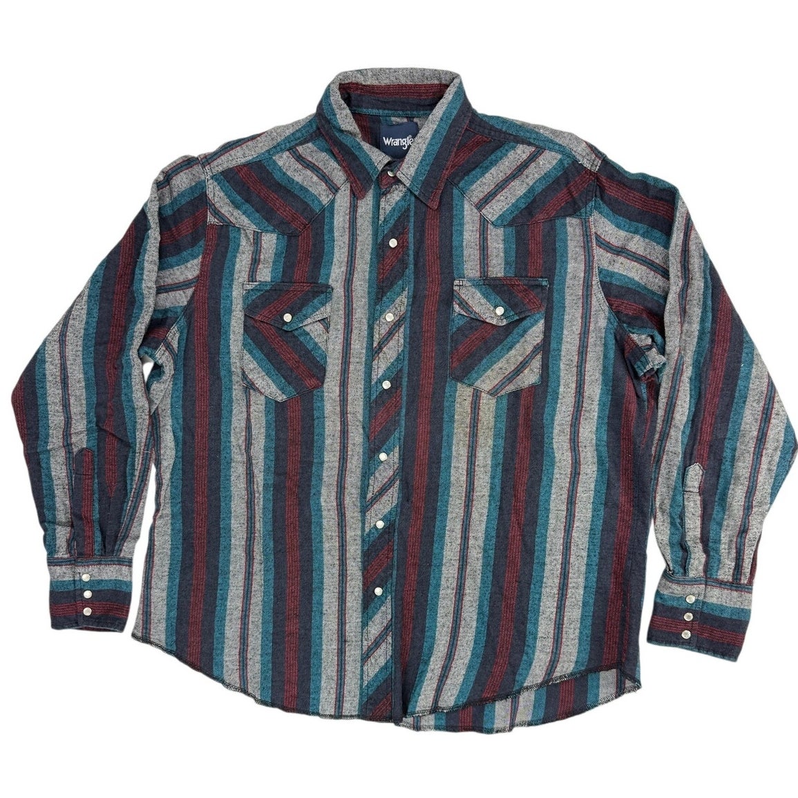 Vintage 80s Wrangler Western Flannel Shirt XL Pearl Snap Striped Cowboy