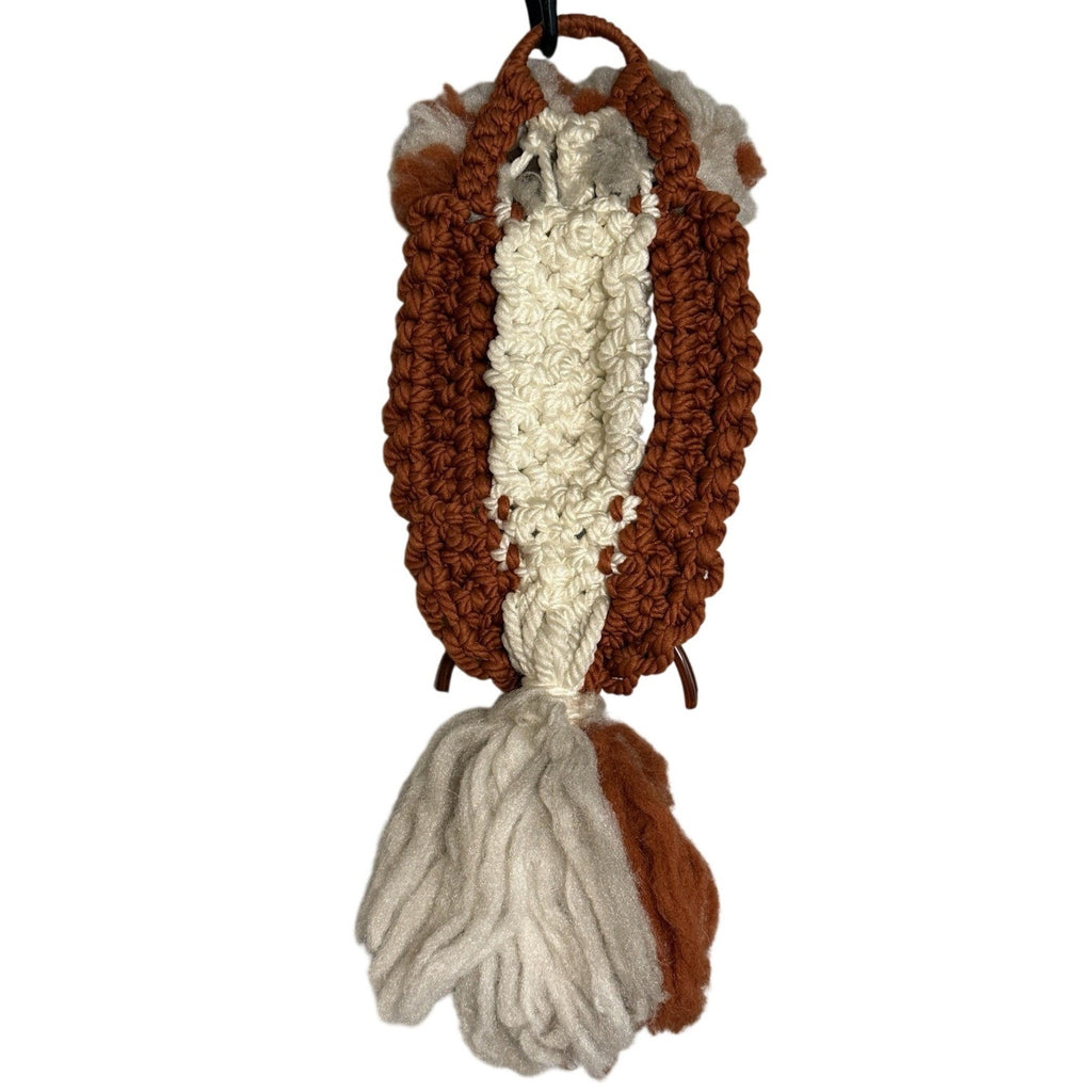 Vintage 70s Macrame Owl Wall Hanging Cream Brown MCM 27"