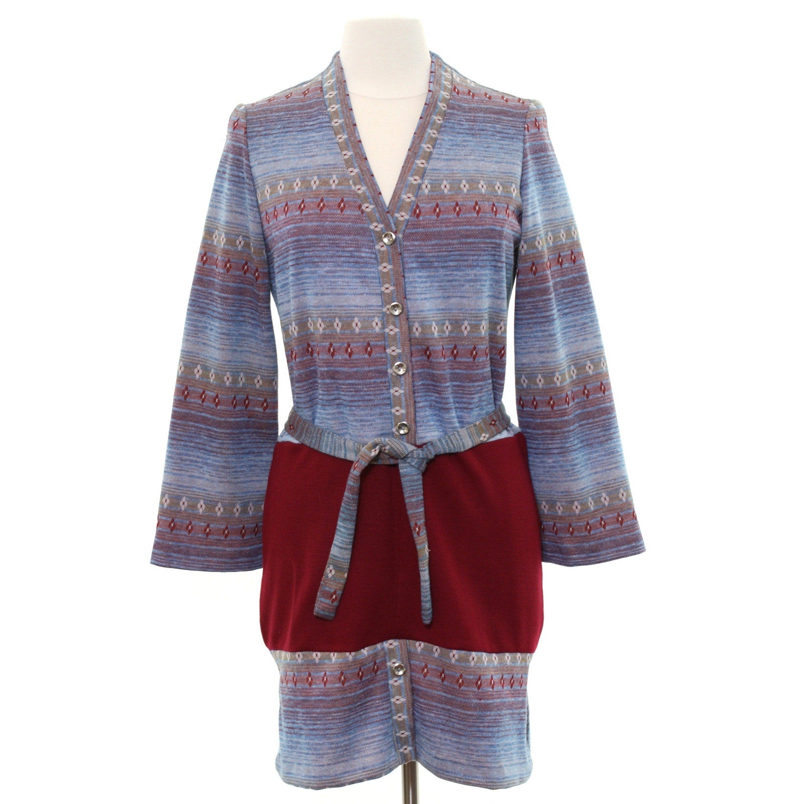 Vintage 1970s NPC Fashions Knit Mini Dress Bell Sleeve Belted Women's Small