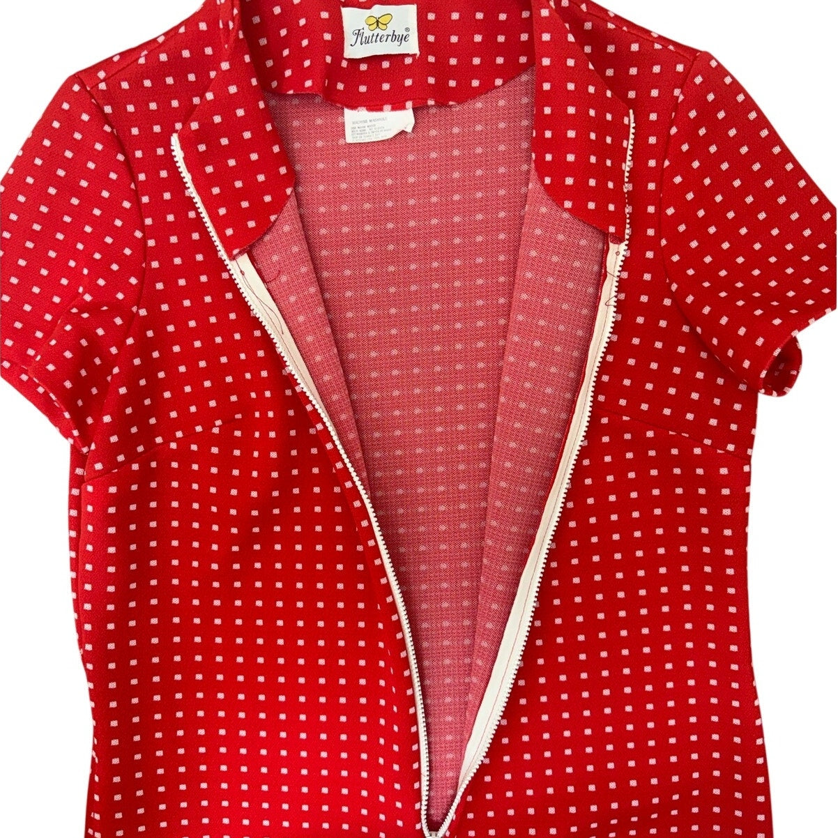 Vintage 70s Flutterbye Red Zip Front Mod Shift Dress Womens S/M 38 Bust