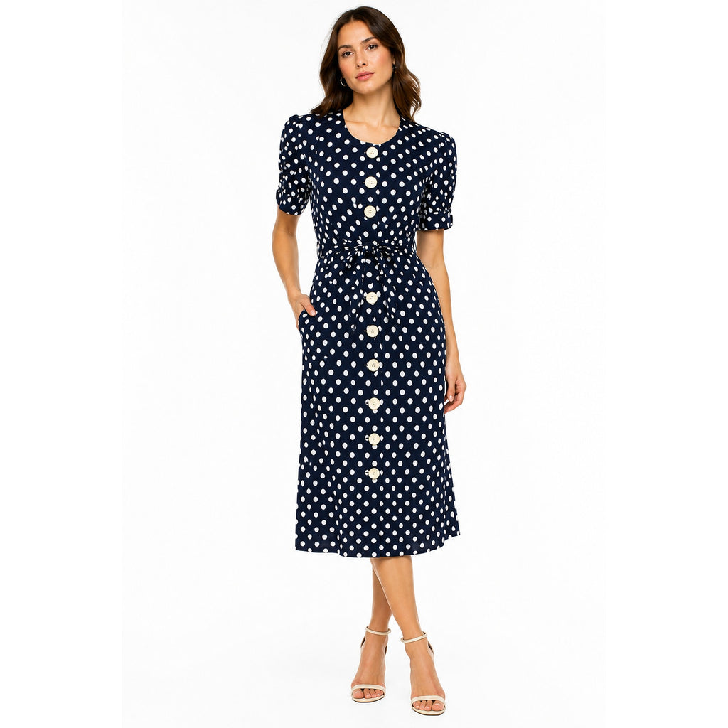 Vintage 80s Women's 14 Karin Stevens Polka Dot Rayon Dress Navy White Tie