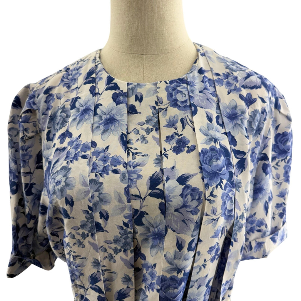 Vintage 90s Womens 12 Karin Stevens Blue Floral Rayon Midi Dress Belted