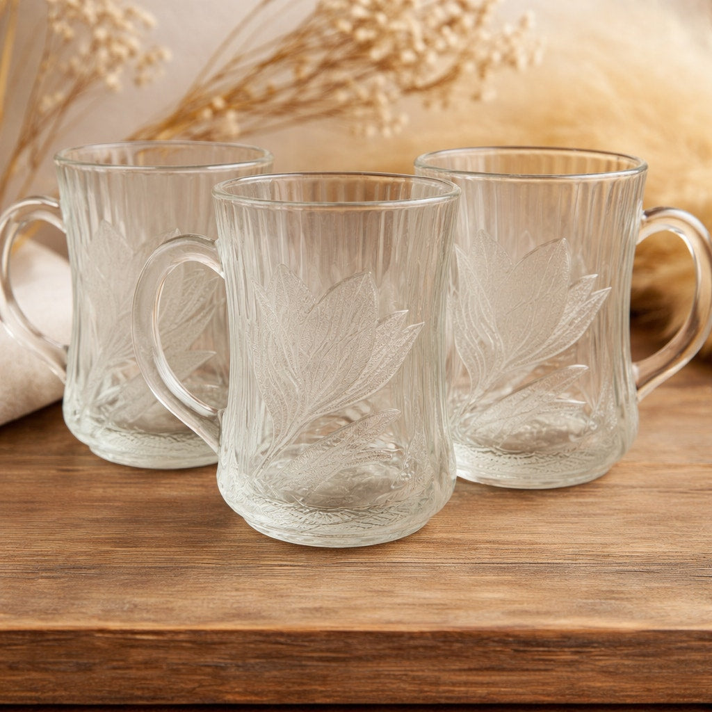 Vintage 80s Arcoroc Canterbury Crocus Clear Embossed Glass Coffee Mugs Set of 7