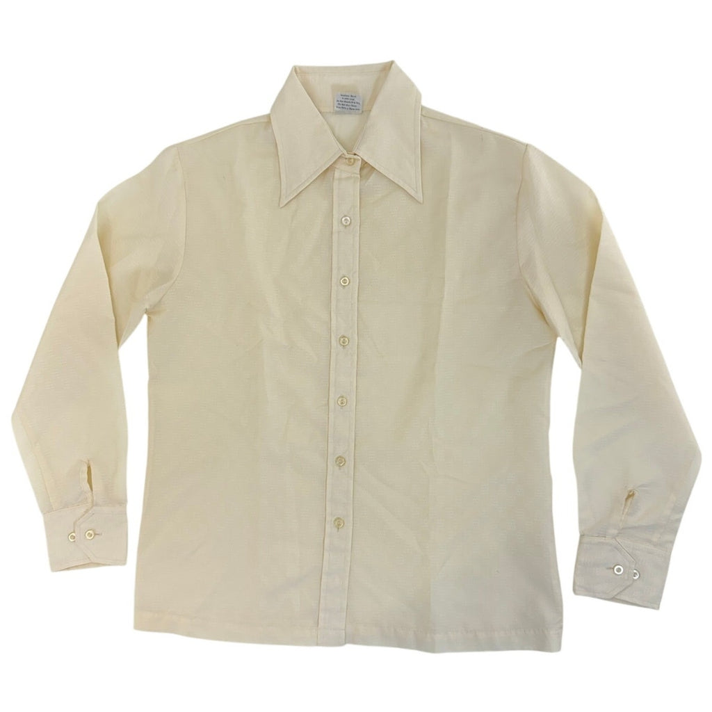Vintage 70s Ivory Embossed Polyester Blouse Geometric Disco Shirt Women's Medium