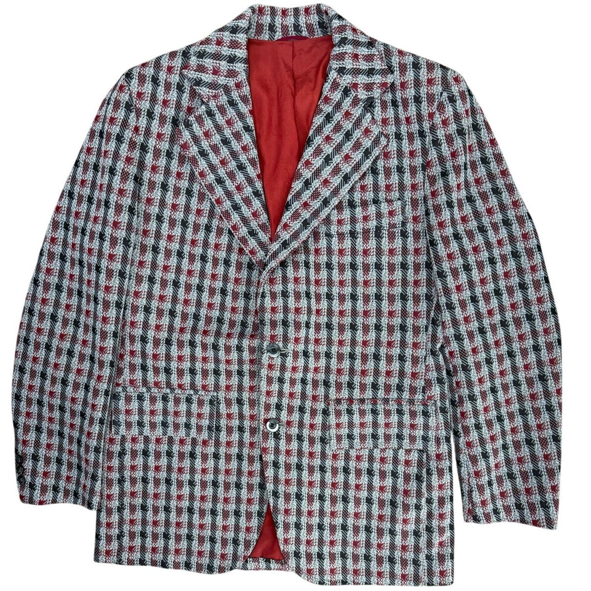 Vintage 70s Men's 38R Plaid Polyester Sport Coat Blazer Red Gray