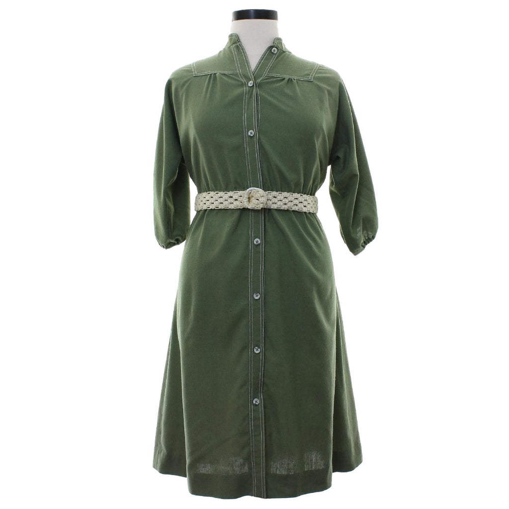 Vintage 70s Avocado Green Shirt Dress Macrame Belt Button Front Women's Medium