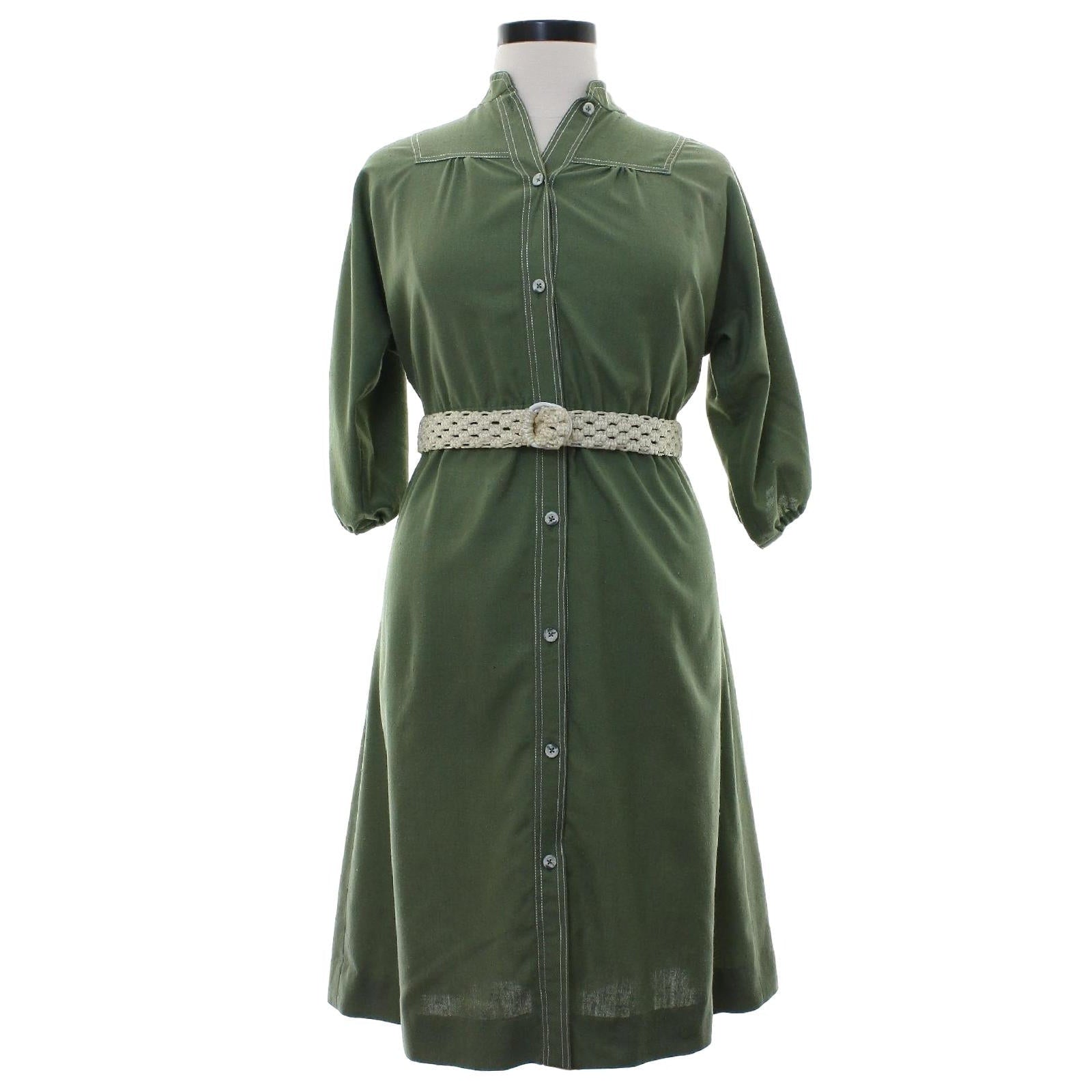 Vintage 70s Avocado Green Shirt Dress Macrame Belt Button Front Women's Medium