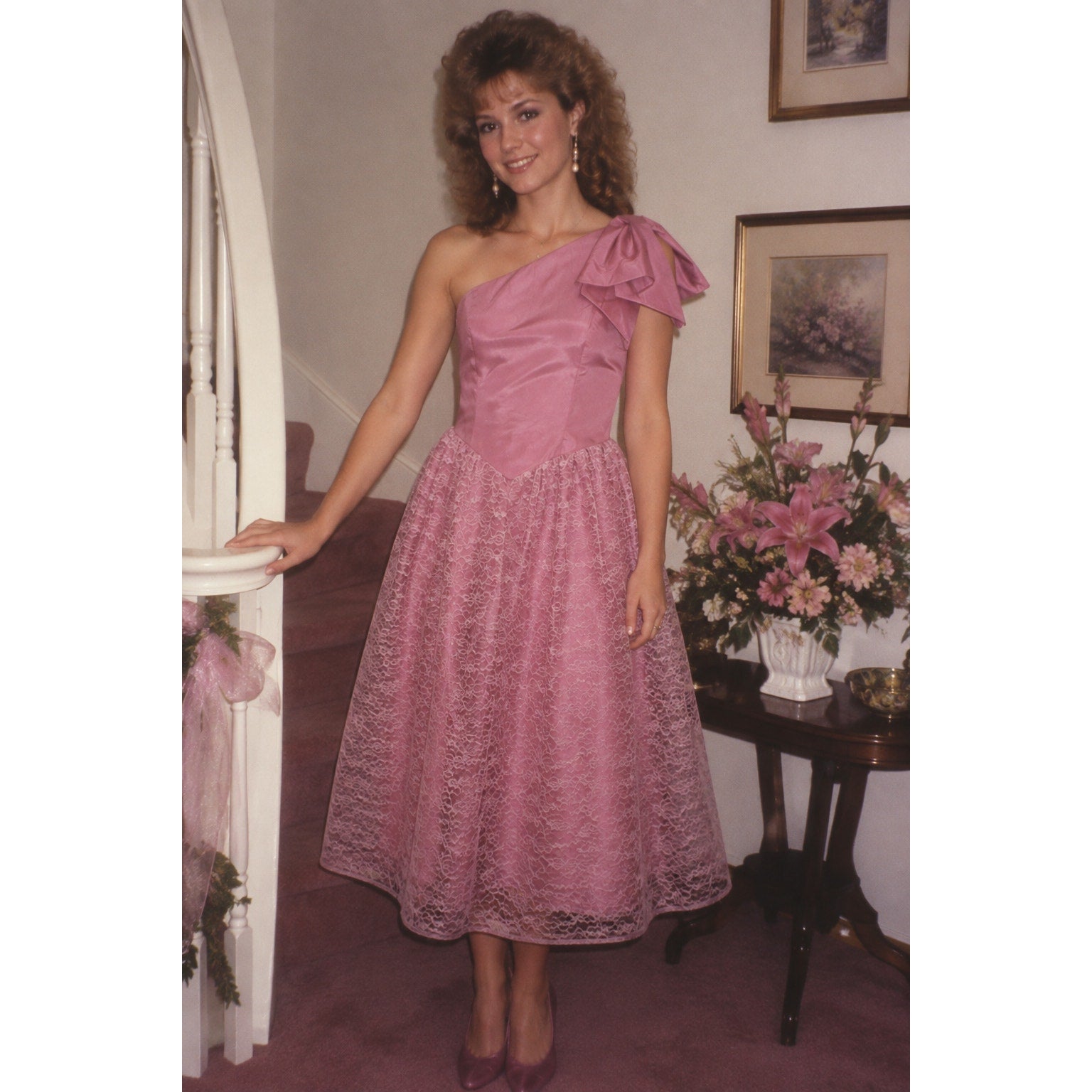 Vintage 1980s Mauve Lace One Shoulder Bow Formal Midi Dress Women's Small