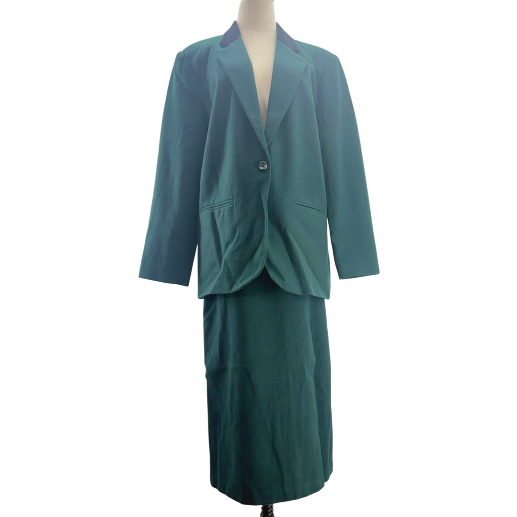 Vintage 80s Sag Harbor Wool Suit Green Skirt Set Velvet Collar Jacket 14