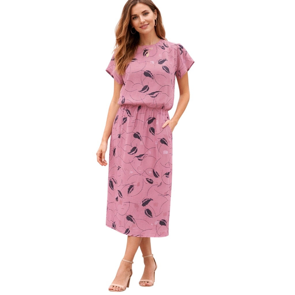 Vintage 80s Women's Petite 8P Dress Lady Carol Pink Floral Elastic Waist