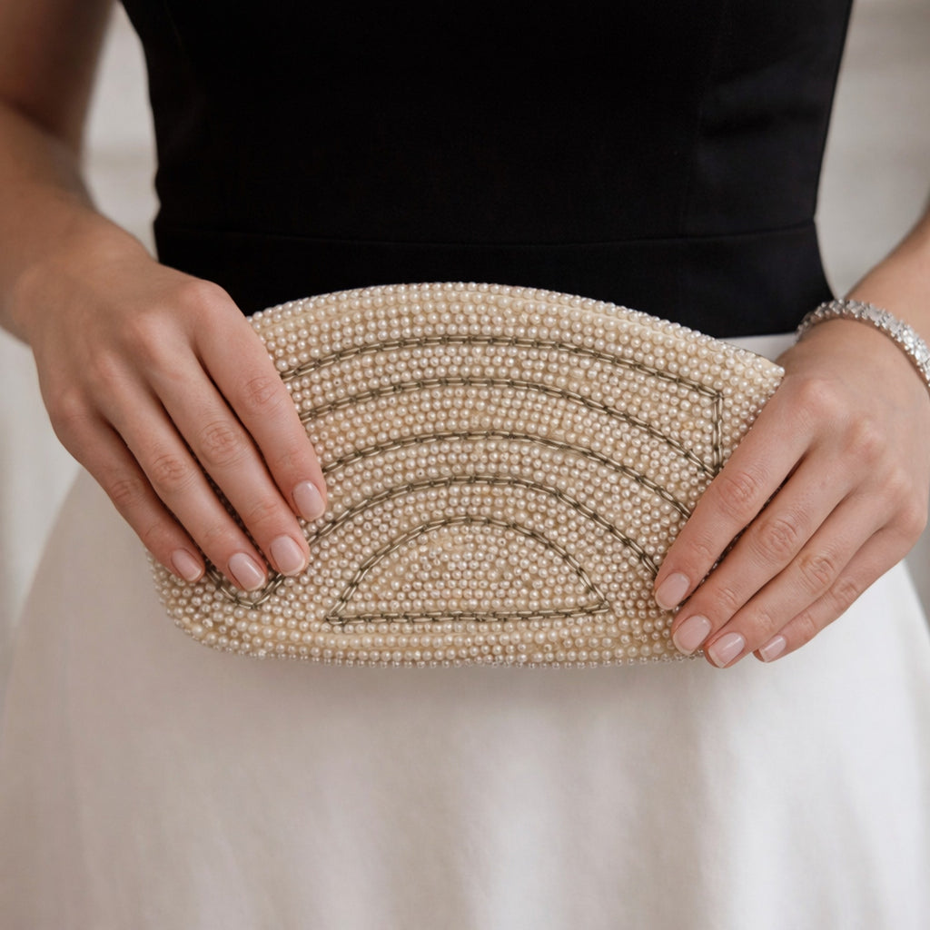 Vintage 50s Ricci Ivory Pearl Beaded Clutch Evening Purse