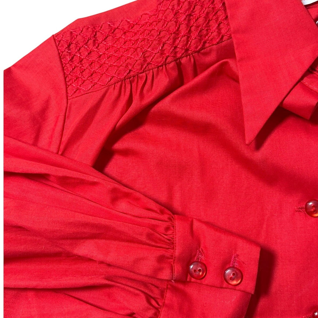 Vintage 70s Women's Large Red Blouse Lady Arrow Decton Red Button Front