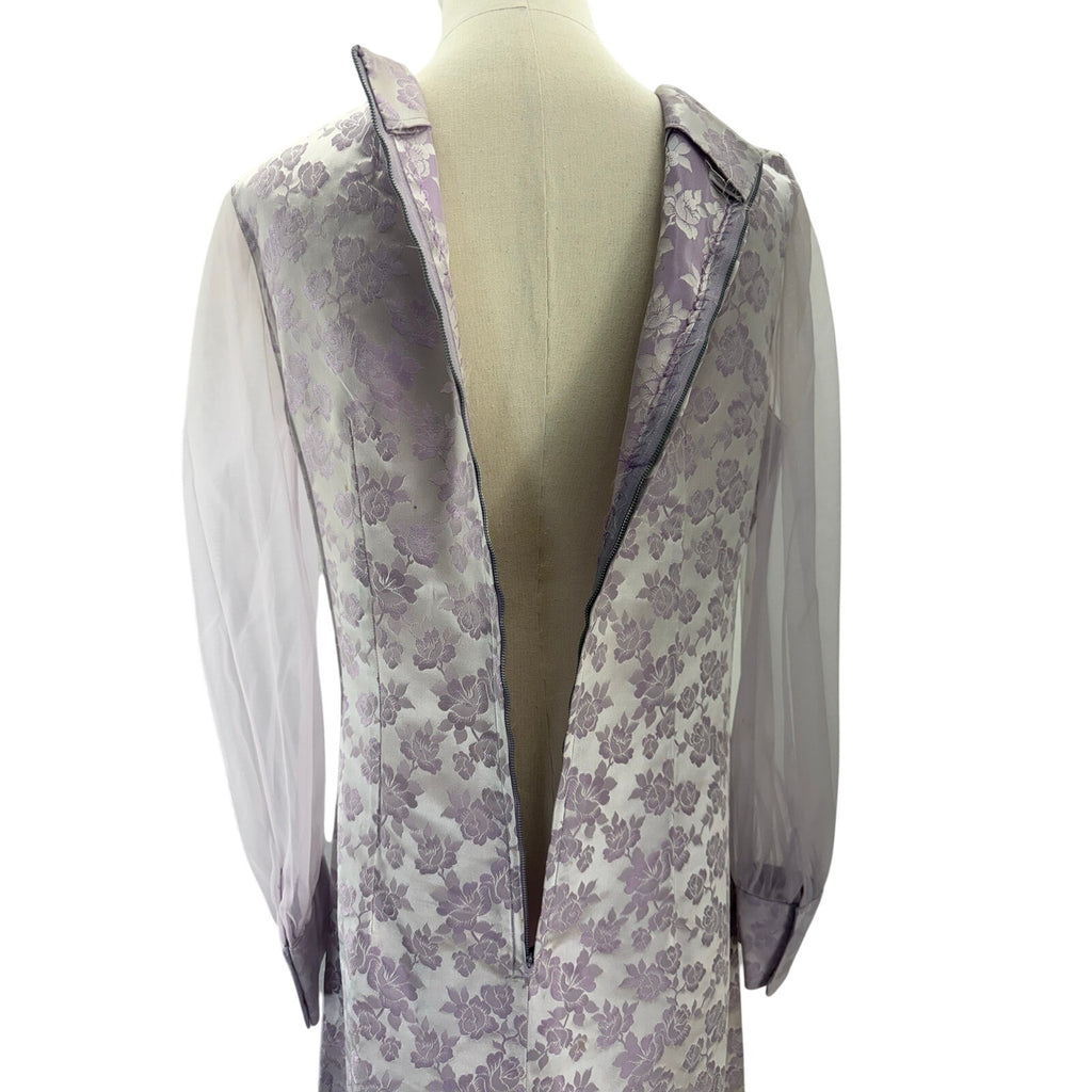 Vintage 60s Lavender Satin A-Line Maxi Dress Sheer Sleeve Women's Medium
