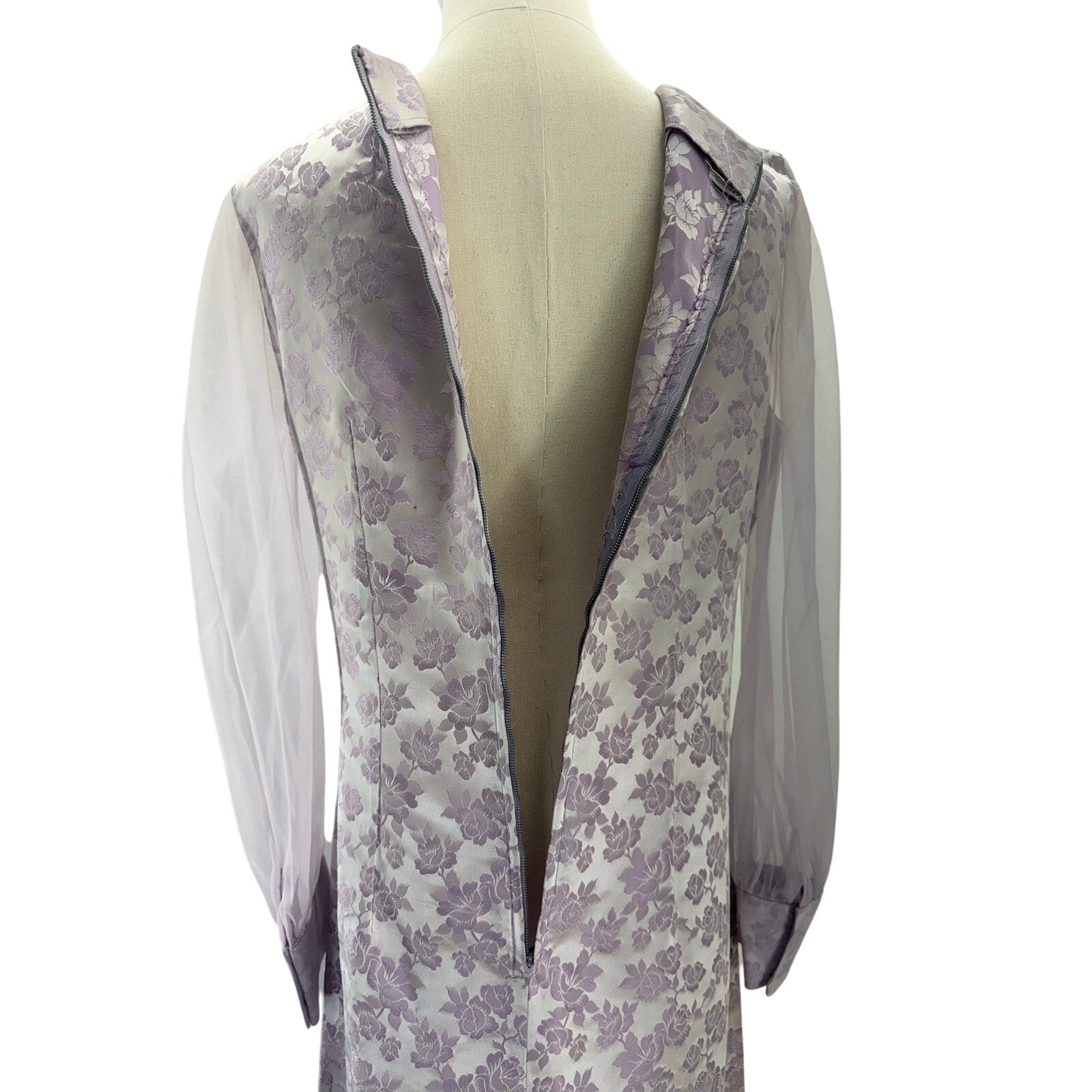 Vintage 60s Lavender Satin A-Line Maxi Dress Sheer Sleeve Women's Medium