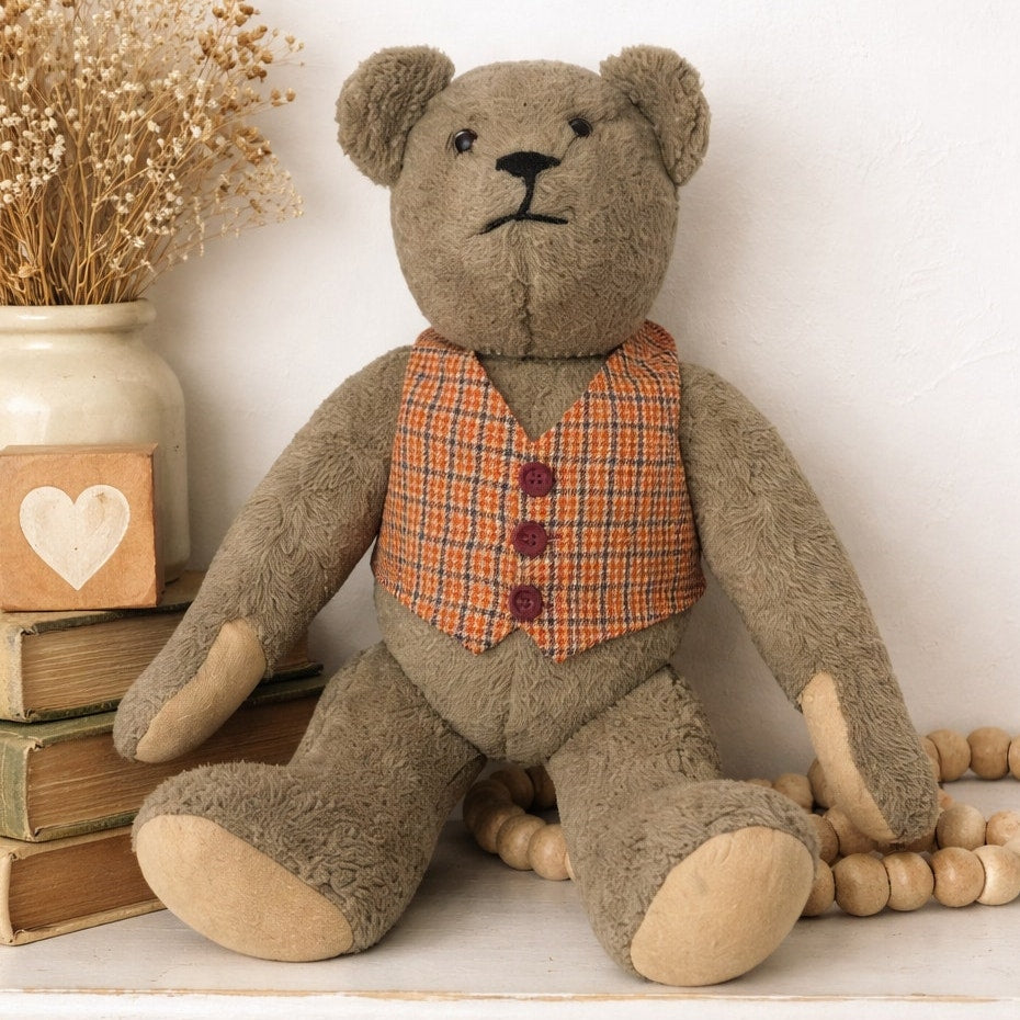 Vintage 70s Teddy Bear Plush 18” Jointed Plaid Vest Collectible Stuffed Bear