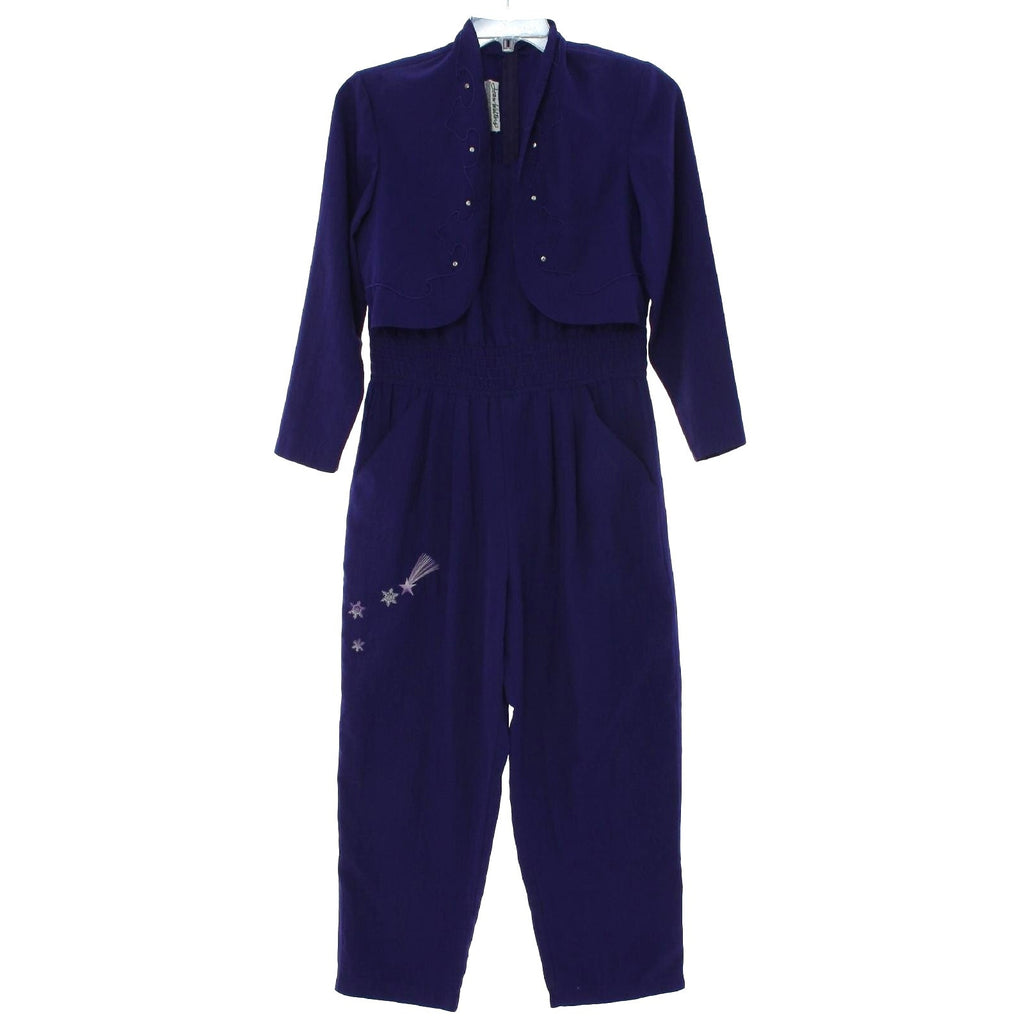 Vintage 80s JoAnn Walters Purple Rayon Jumpsuit Embroidered Pockets Women's Med