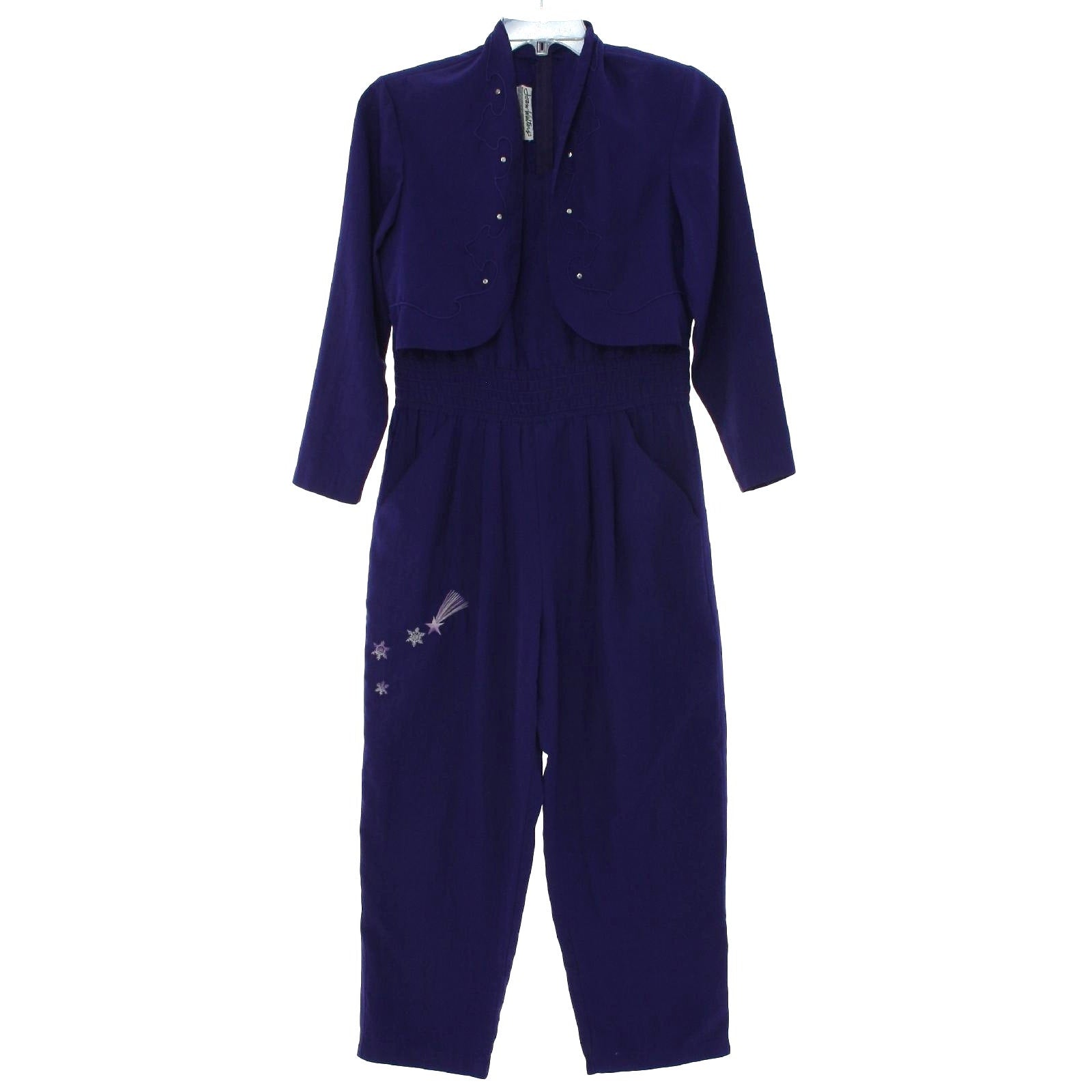 Vintage 80s JoAnn Walters Purple Rayon Jumpsuit Embroidered Pockets Women's Med