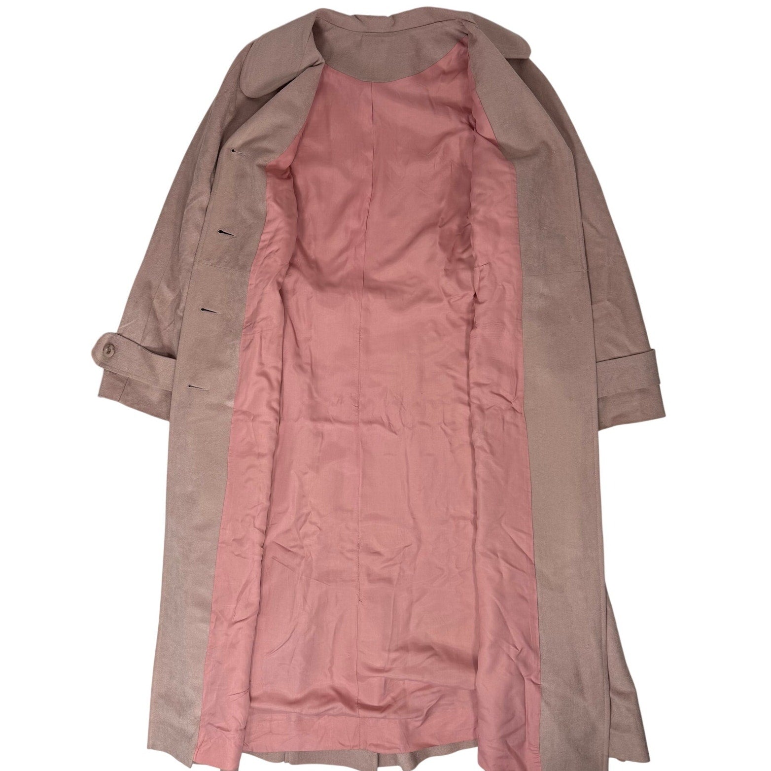 Vintage 80s Women's Medium Pink Trench Coat Belted Maxi Ultrasuede