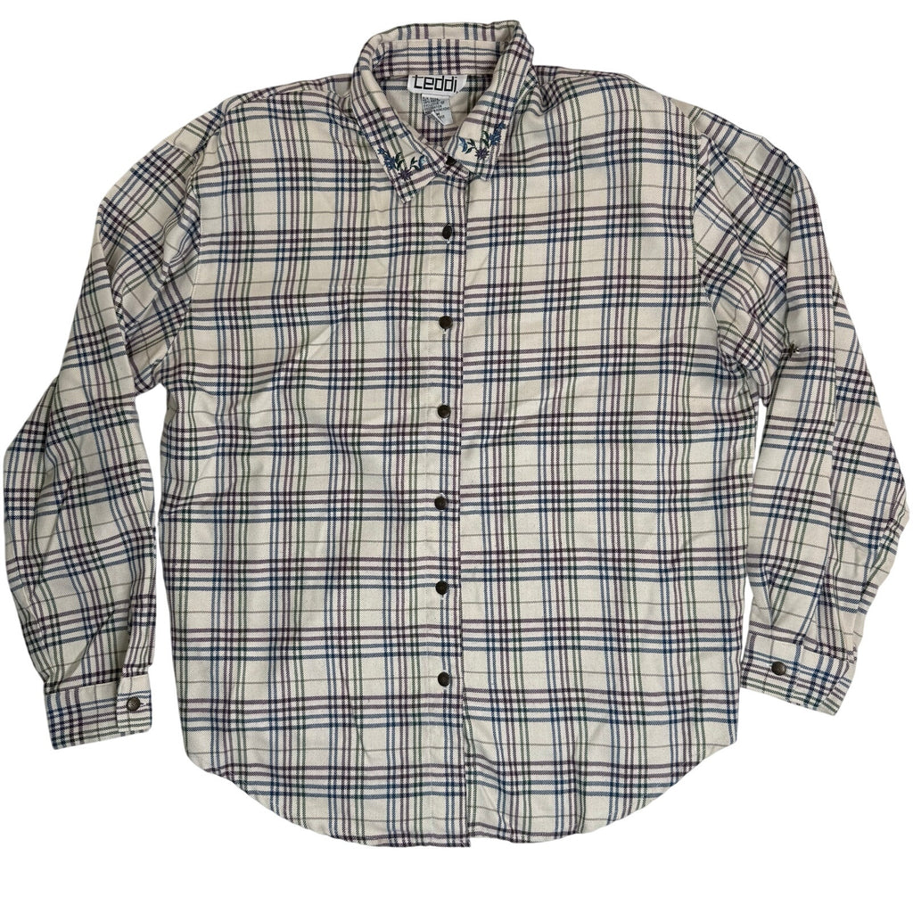Vintage Plaid Flannel Button Down Shirt Roll Tab Embroidered Women's Medium