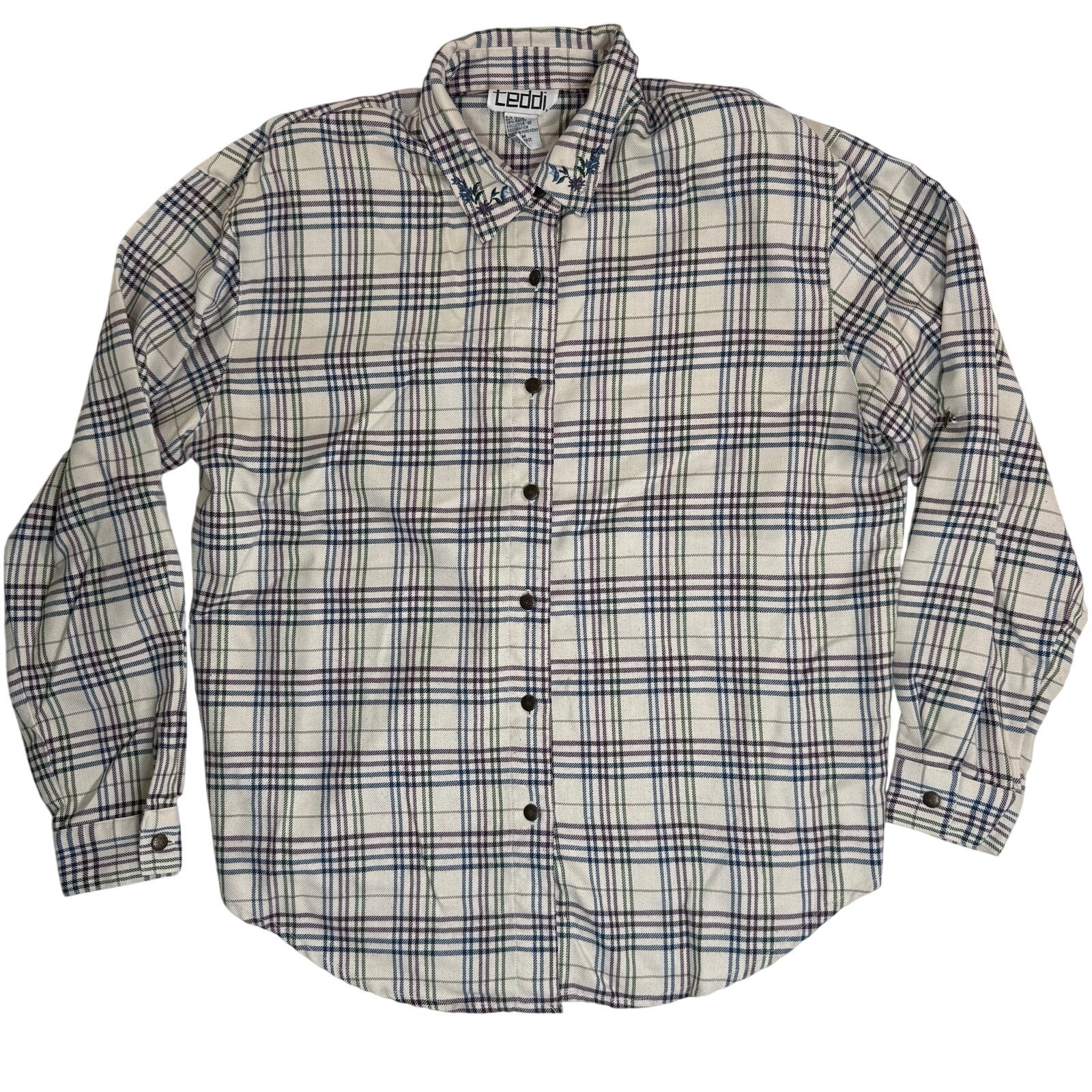 Vintage Plaid Flannel Button Down Shirt Roll Tab Embroidered Women's Medium