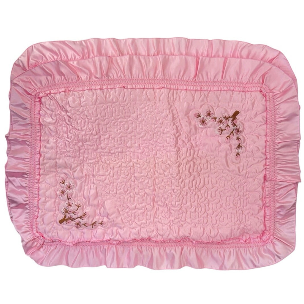 Vintage 80s Pink Satin Ruffle Pillowcase Set Embroidered Branch Korea Pair