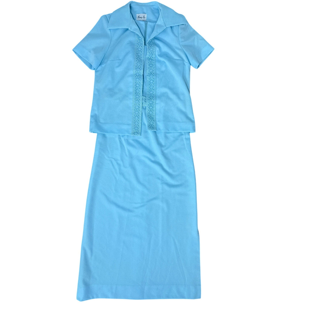 Vintage 70s Henry Lee Women's Medium Blue Maxi Dress Jacket Set Lace Trim