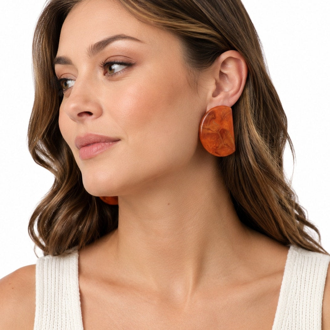 Vintage 80s Orange Marbled Enamel Clip On Earrings Oversized Mod