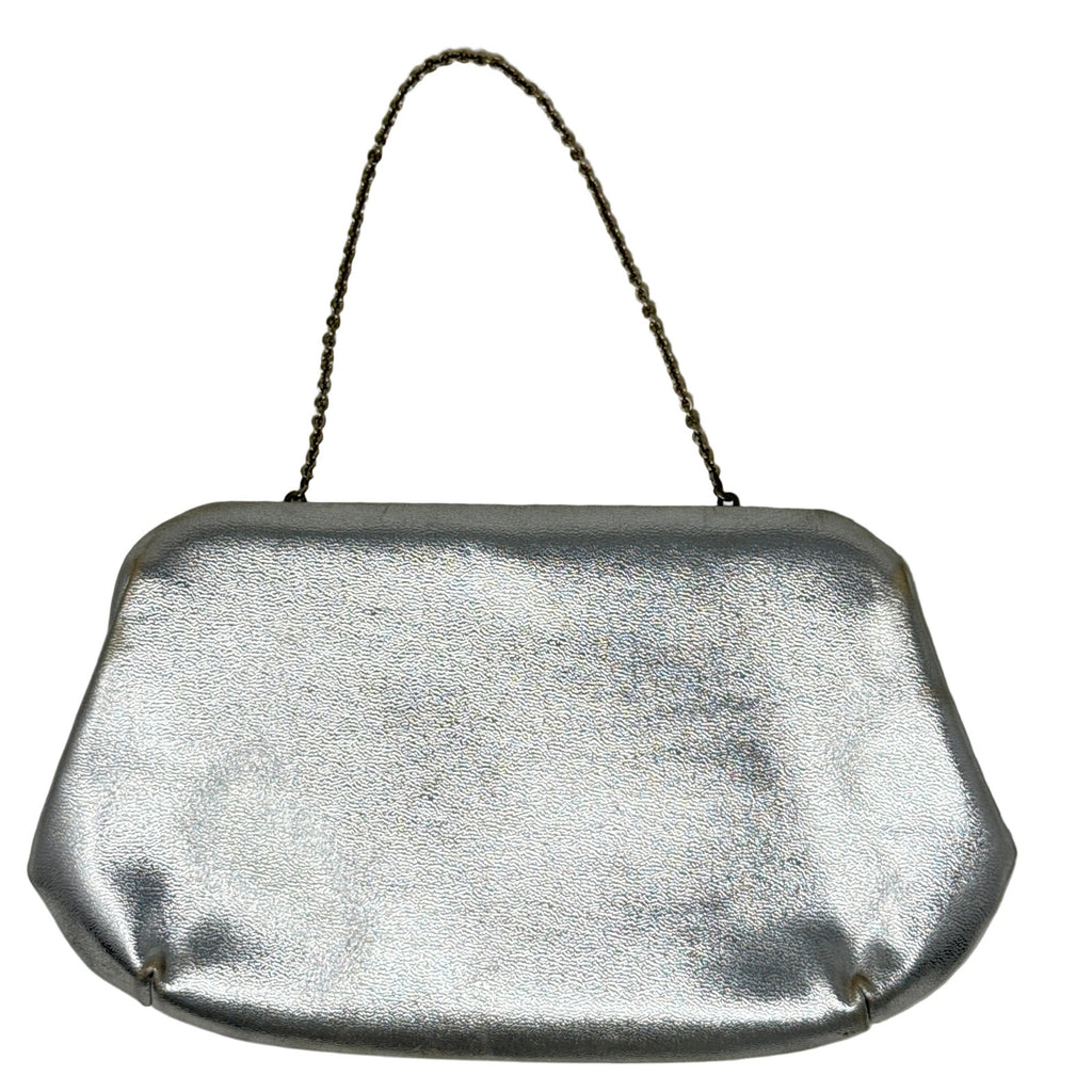 Vintage 70s Lewisette Silver Metallic Clutch Rhinestone Floral Latch