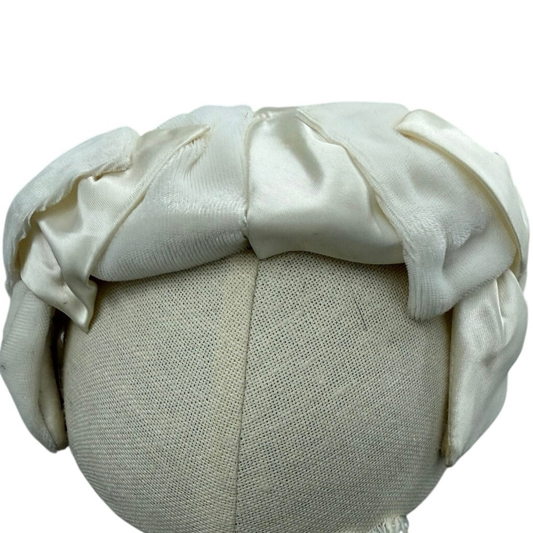 Vintage 1950s Clover Lane White Satin Velveteen Bow Cap Hat